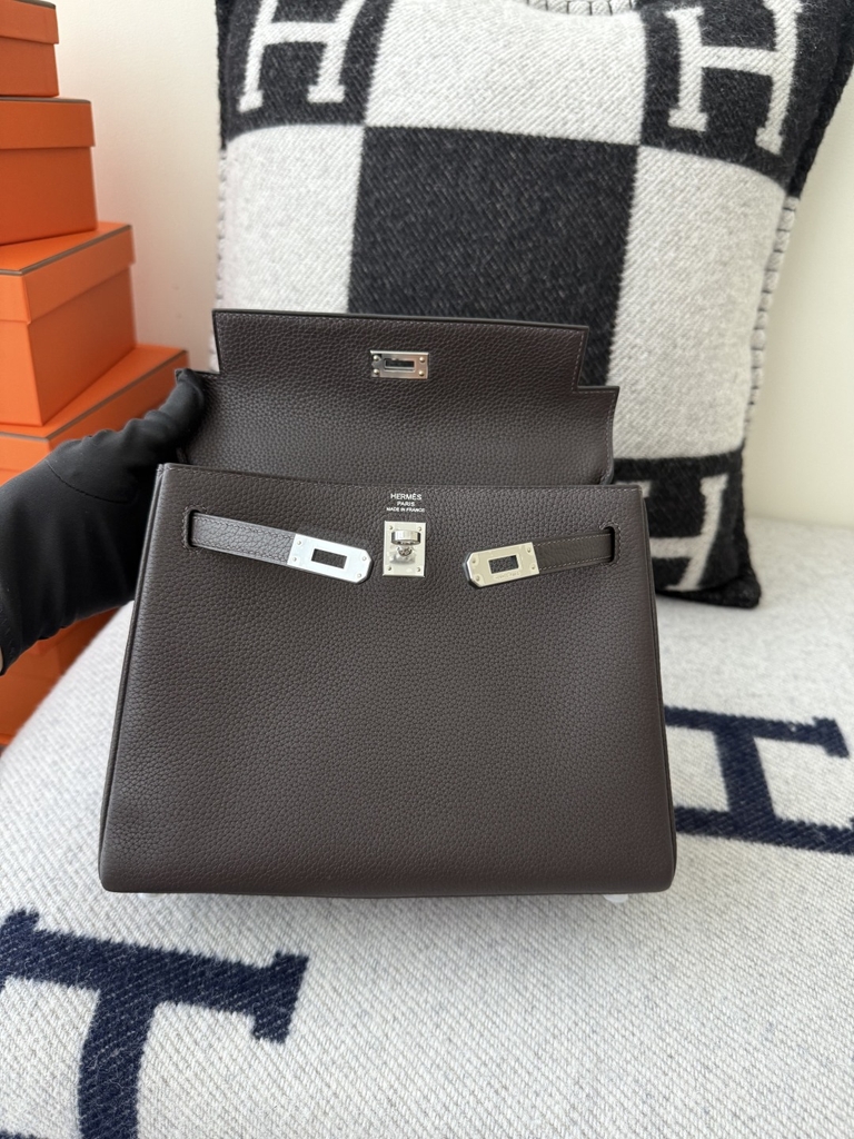 Kelly 25cm Togo Original Leather Bag CC46 Ebene Silver Hardware