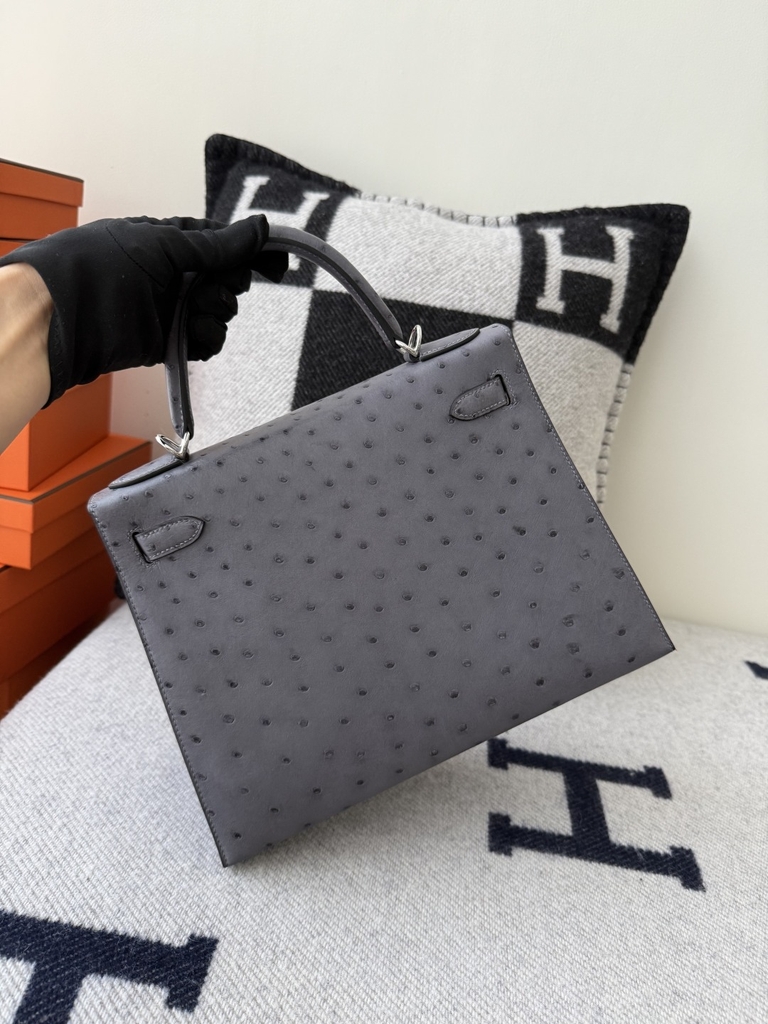 Kelly Original Leather Ostrich Skin Bag 28cm - CK82 Gris Agate