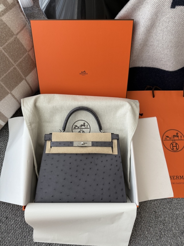 Kelly Original Leather Ostrich Skin Bag 28cm - CK82 Gris Agate