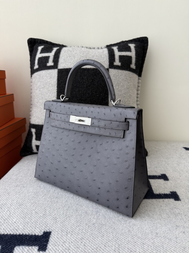 Kelly Original Leather Ostrich Skin Bag 28cm - CK82 Gris Agate