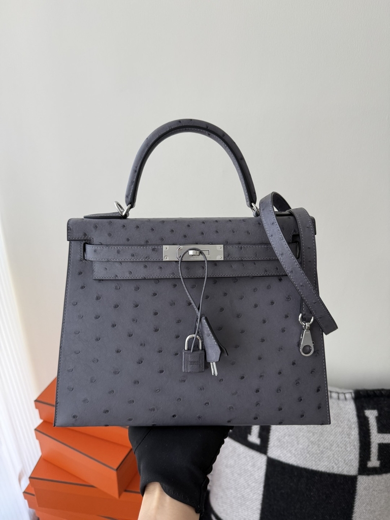 Kelly Original Leather Ostrich Skin Bag 28cm - CK82 Gris Agate