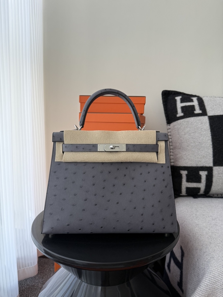 Kelly Original Leather Ostrich Skin Bag 28cm - CK82 Gris Agate