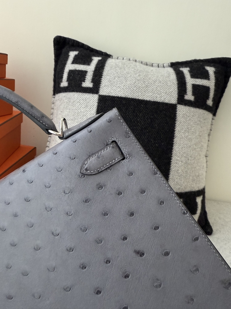 Kelly Original Leather Ostrich Skin Bag 28cm - CK82 Gris Agate