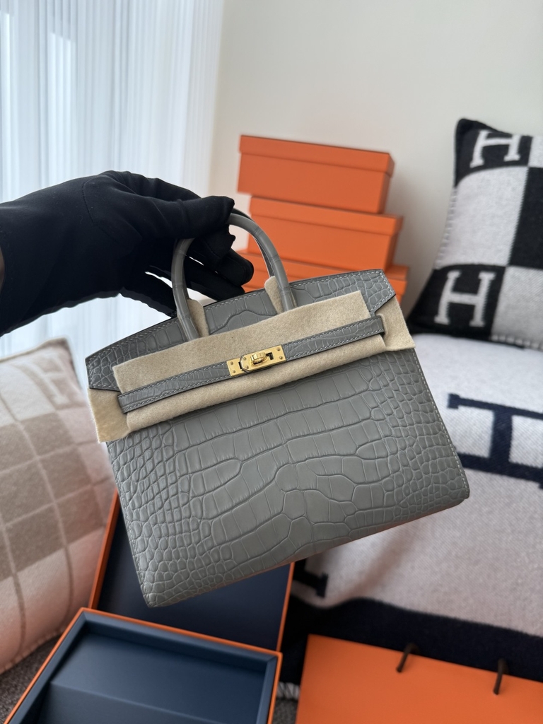Birkin 20cm Matte Porosus Crocodile - Gris Neve Gold Hardware