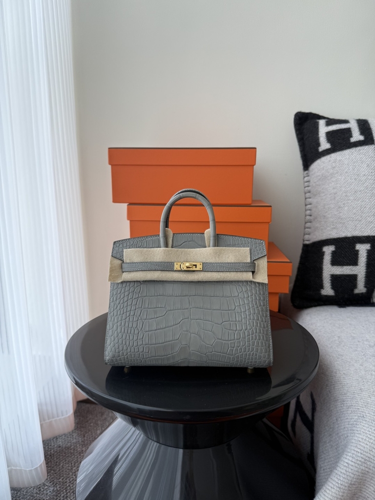 Birkin 20cm Matte Porosus Crocodile - Gris Neve Gold Hardware