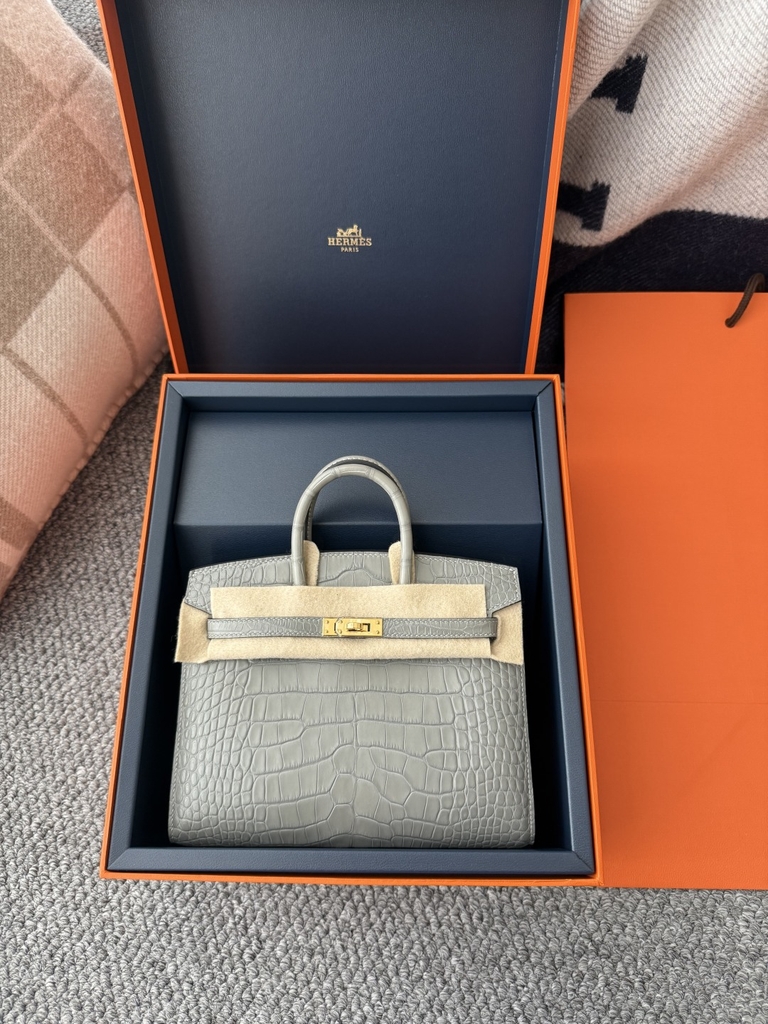 Birkin 20cm Matte Porosus Crocodile - Gris Neve Gold Hardware
