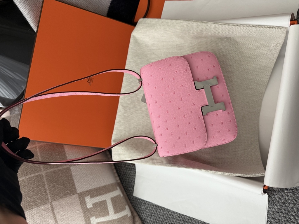 Constance 18cm Bubble Gum Color Mirror with Original Ostrich Leather