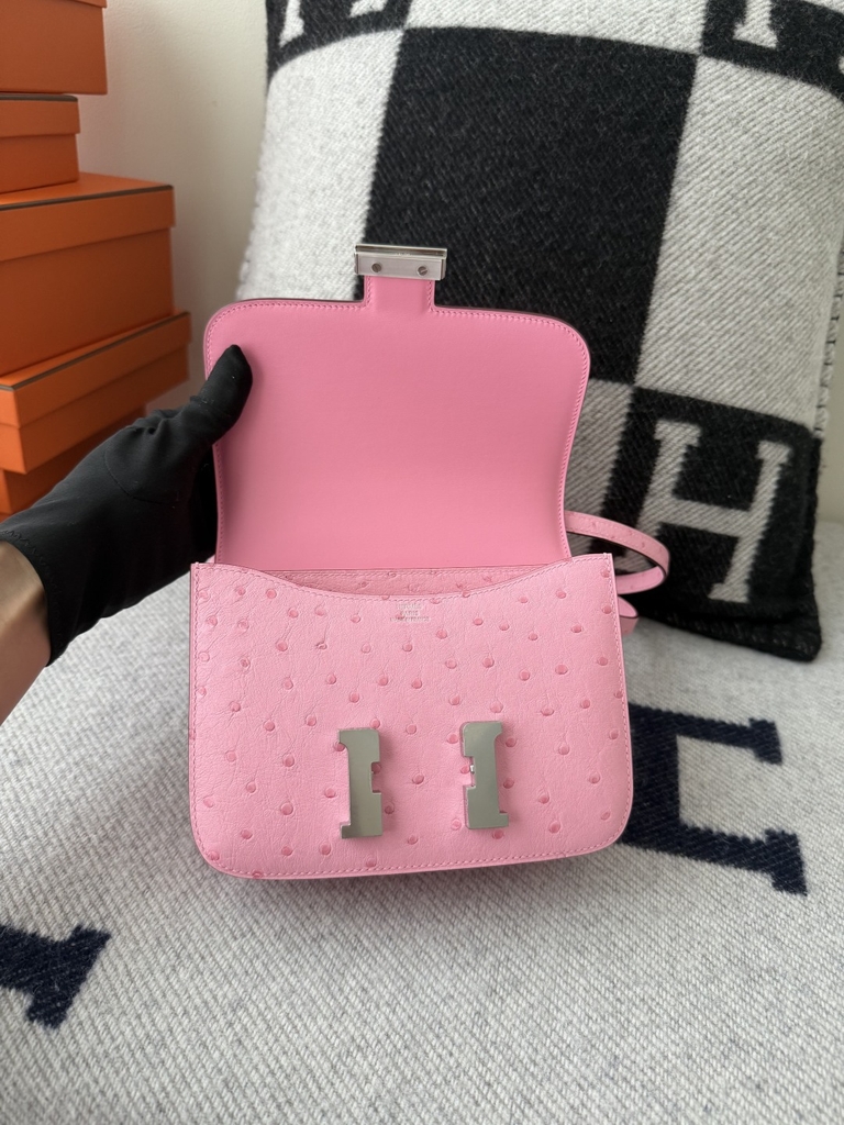 Constance 18cm Bubble Gum Color Mirror with Original Ostrich Leather