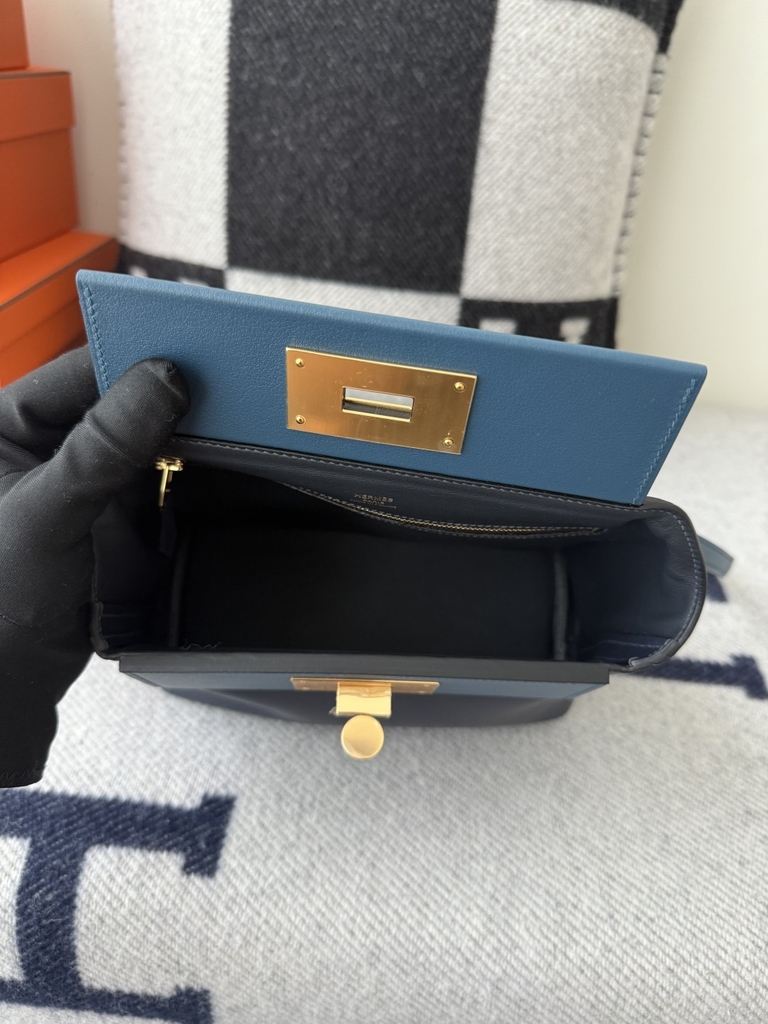 Kelly 2424 Mini 21cm Togo Swift Leather Handbag - Midnight Blue with Gold Hardware