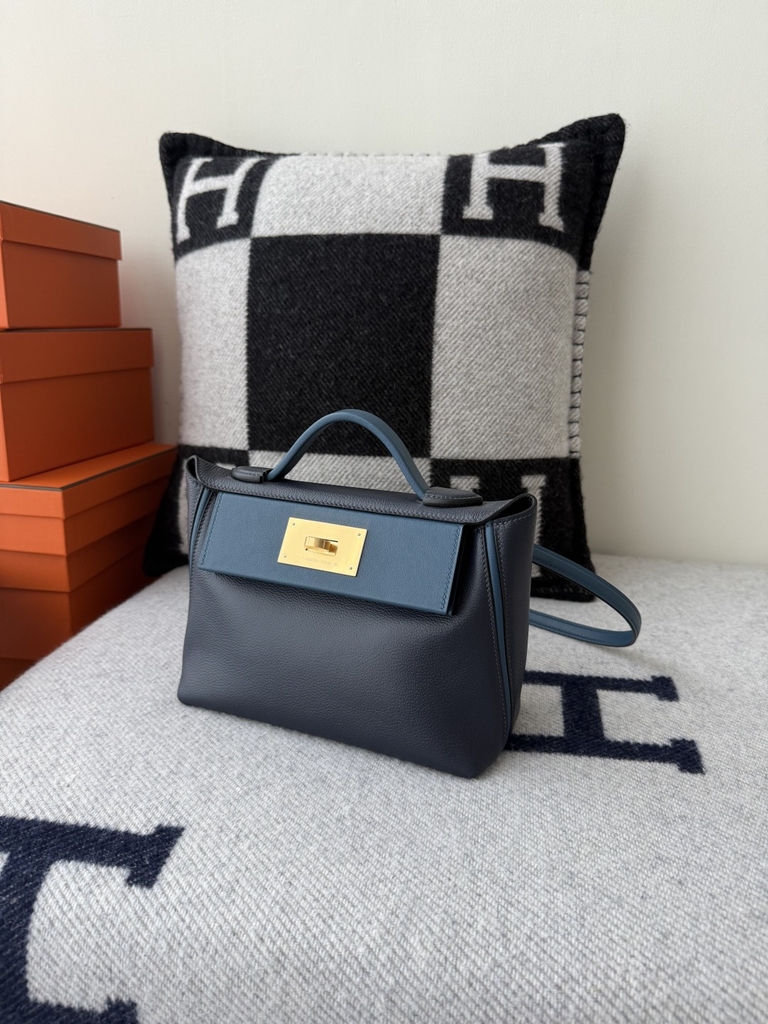 Kelly 2424 Mini 21cm Togo Swift Leather Handbag - Midnight Blue with Gold Hardware