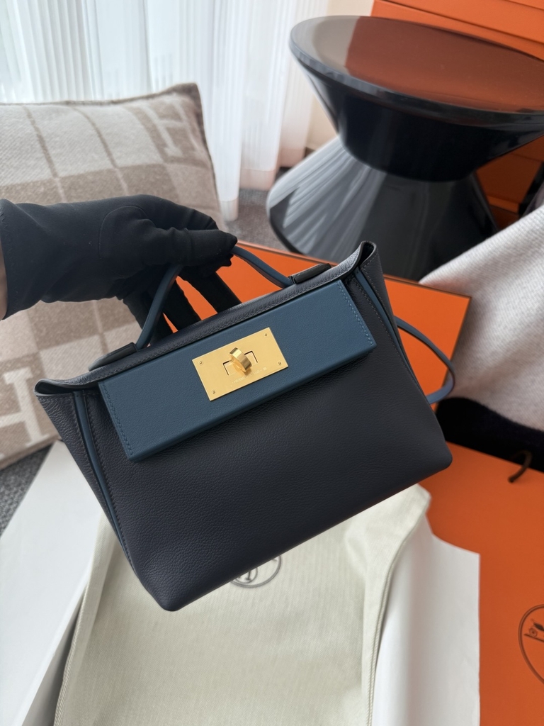 Kelly 2424 Mini 21cm Togo Swift Leather Handbag - Midnight Blue with Gold Hardware