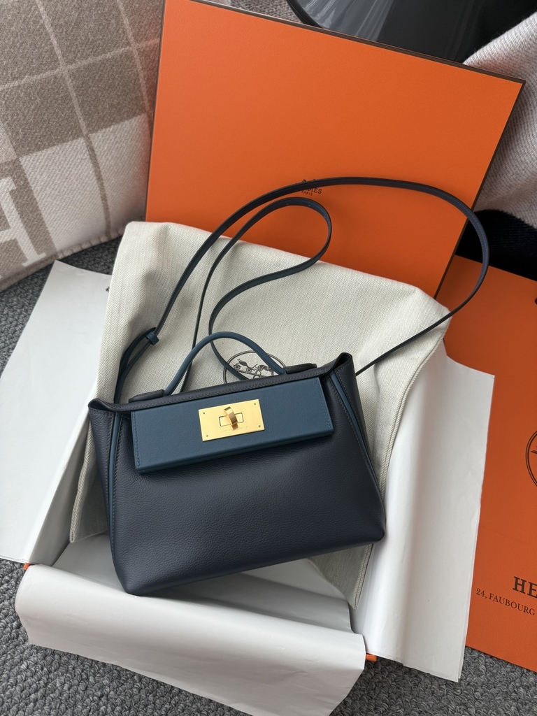 Kelly 2424 Mini 21cm Togo Swift Leather Handbag - Midnight Blue with Gold Hardware
