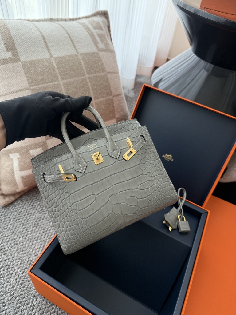Birkin 20cm Matte Porosus Crocodile - Gris Neve Gold Hardware
