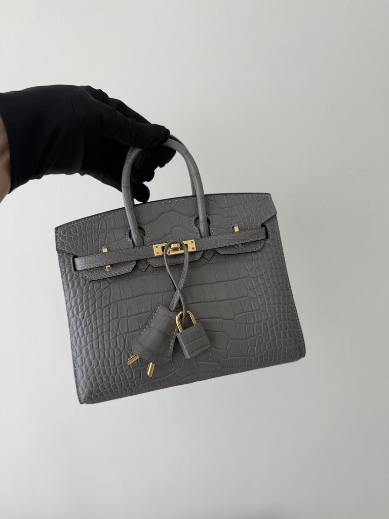 Birkin 20cm Matte Porosus Crocodile - Gris Neve Gold Hardware