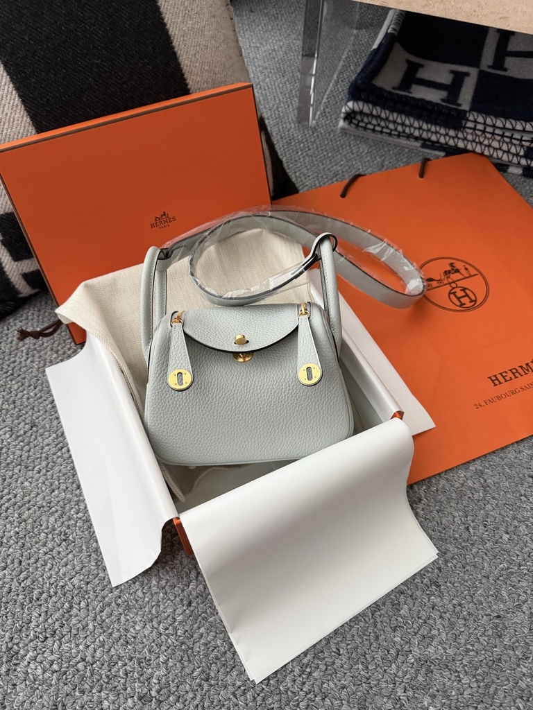 Lindy Mini Blue Pale Clemence Leather Bag with Gold Accents