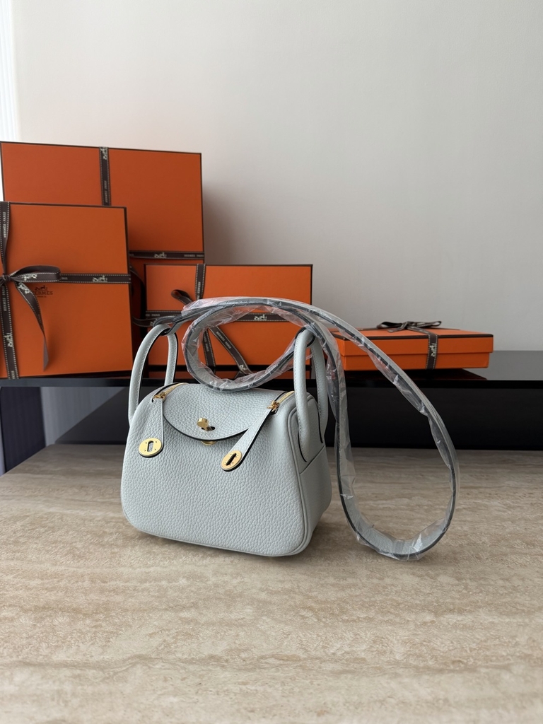 Lindy Mini Blue Pale Clemence Leather Bag with Gold Accents