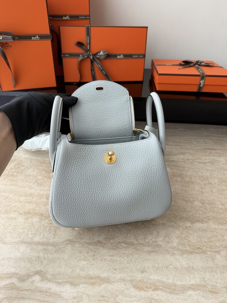 Lindy Mini Blue Pale Clemence Leather Bag with Gold Accents