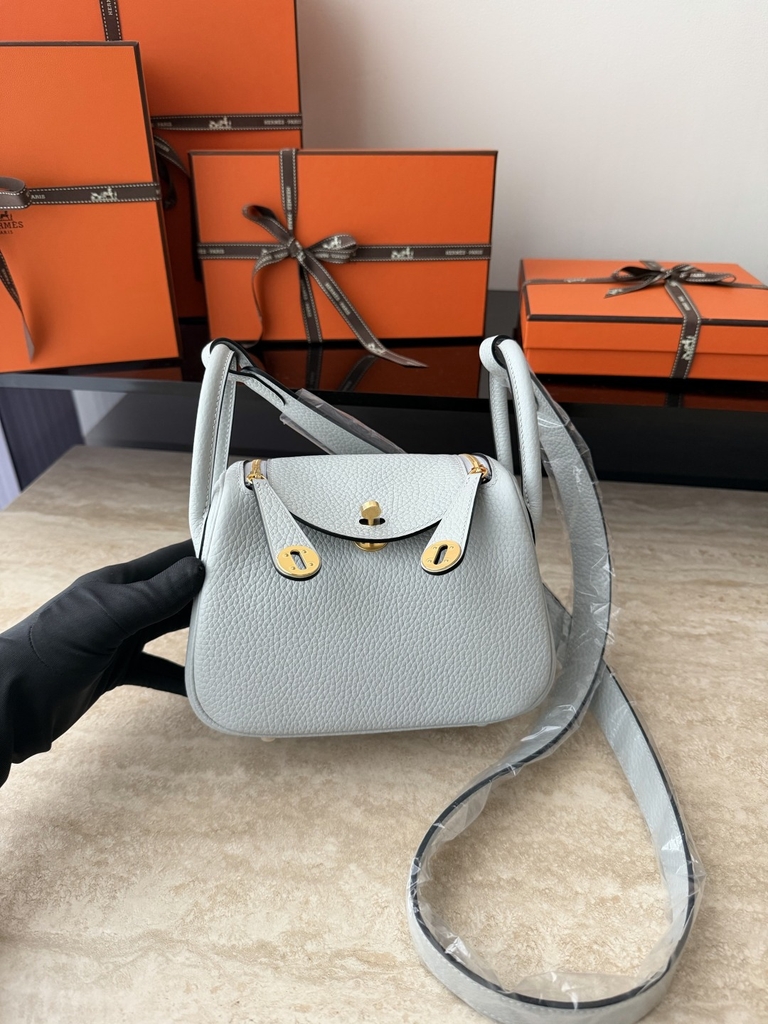 Lindy Mini Blue Pale Clemence Leather Bag with Gold Accents