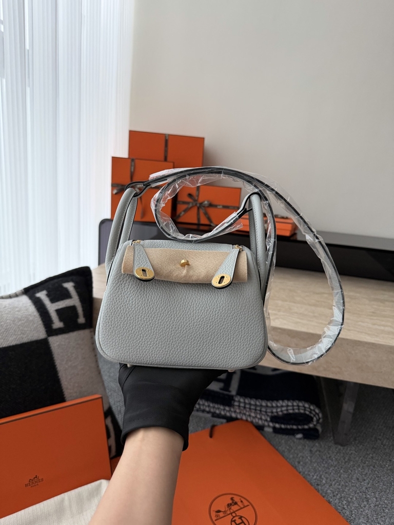 Lindy Mini Blue Pale Clemence Leather Bag with Gold Accents