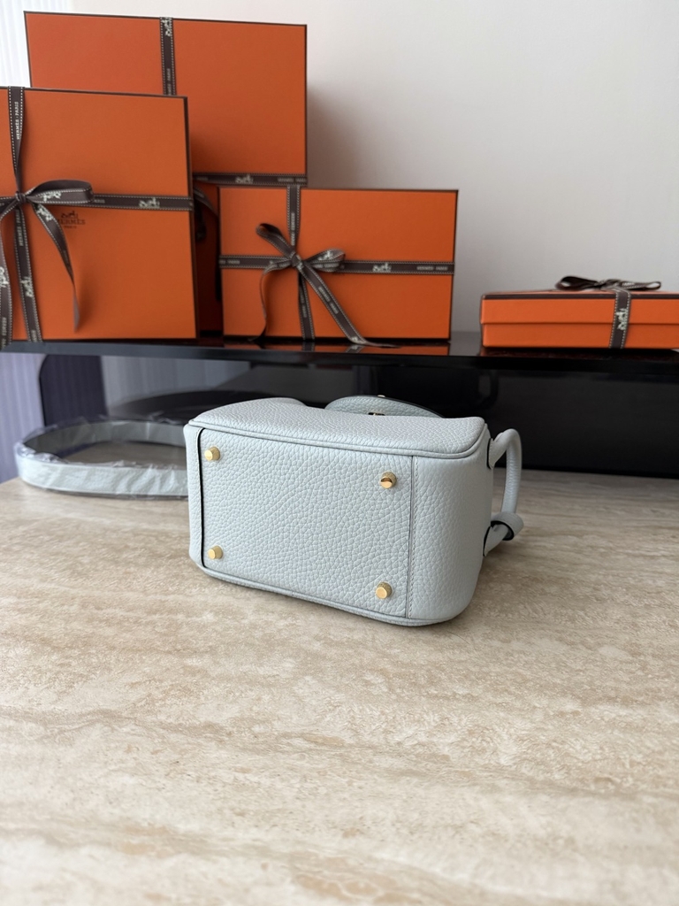 Lindy Mini Blue Pale Clemence Leather Bag with Gold Accents