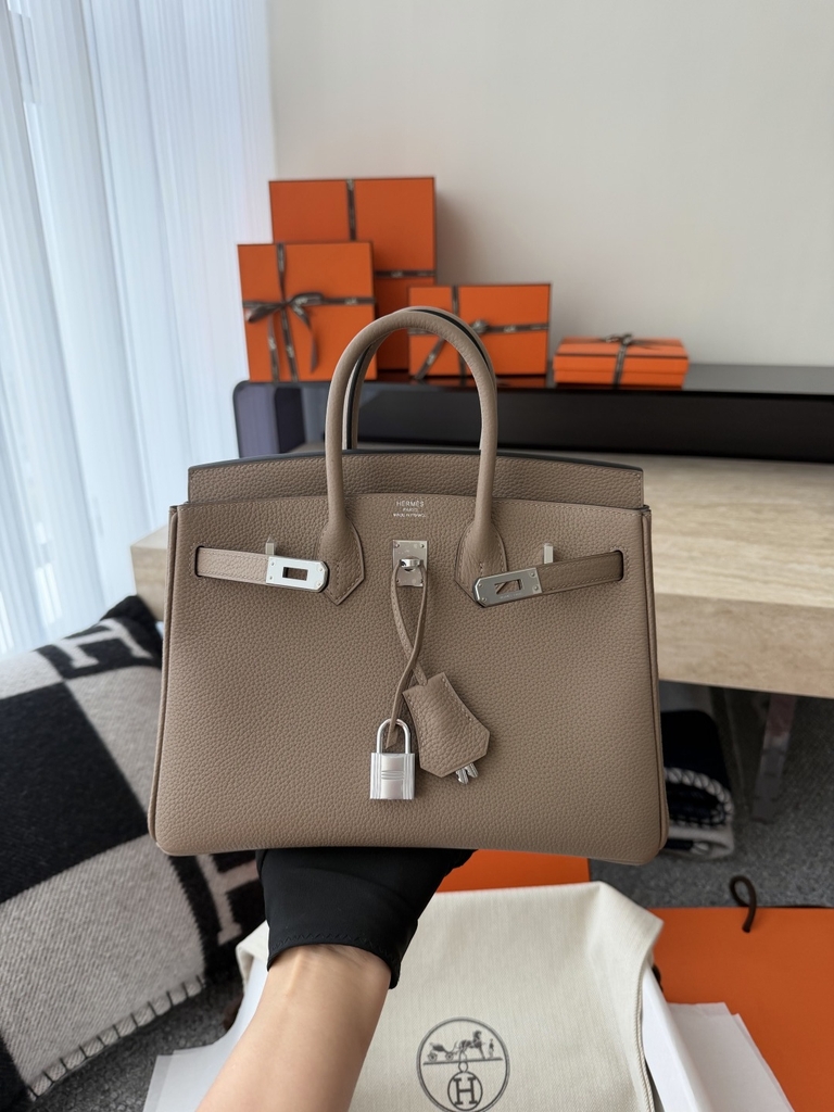 Birkin 25cm Togo Leather Handbag CK81 Gris Tourterelle
