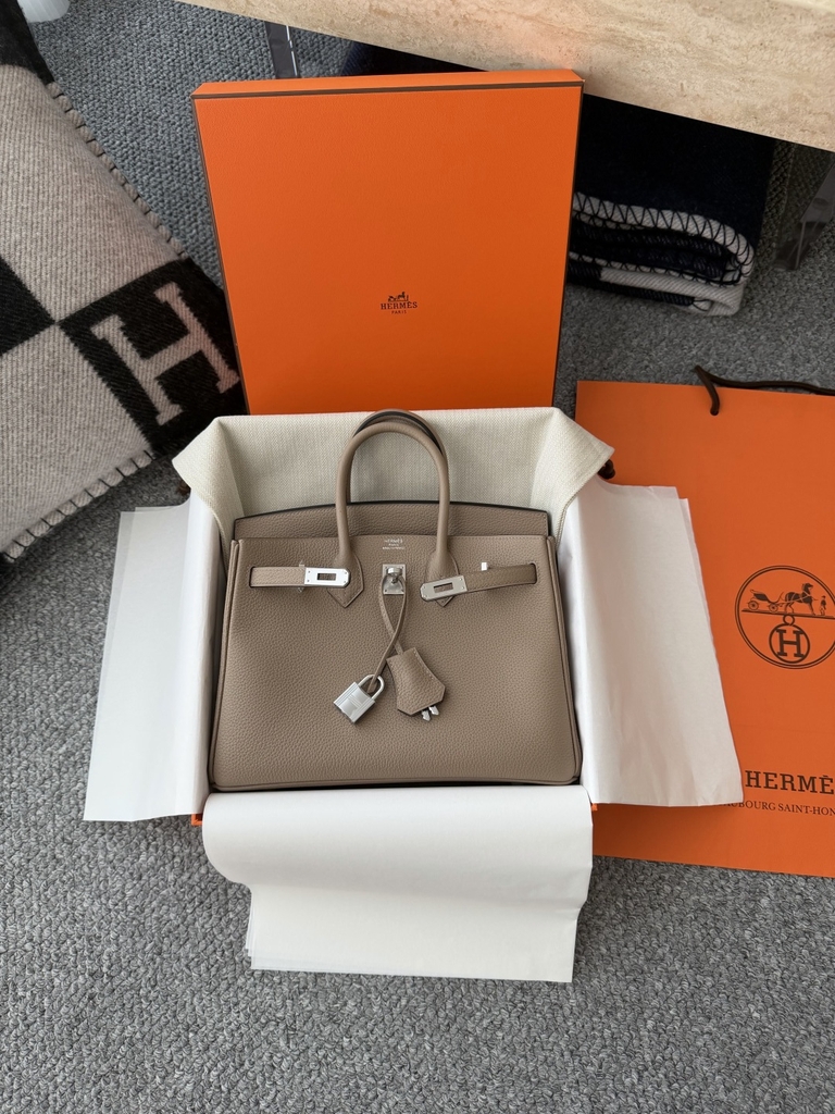 Birkin 25cm Togo Leather Handbag CK81 Gris Tourterelle