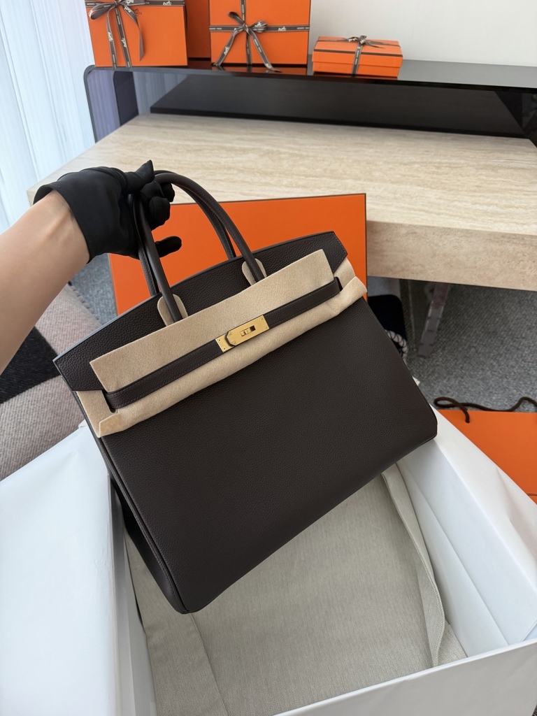 Birkin 35cm Togo Leather Handbag - CC46 Ebene Color with Gold Hardware