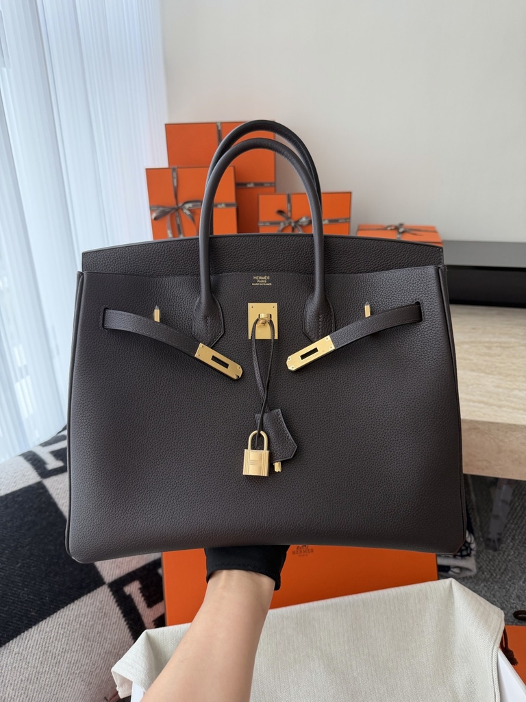 Birkin 35cm Togo Leather Handbag - CC46 Ebene Color with Gold Hardware