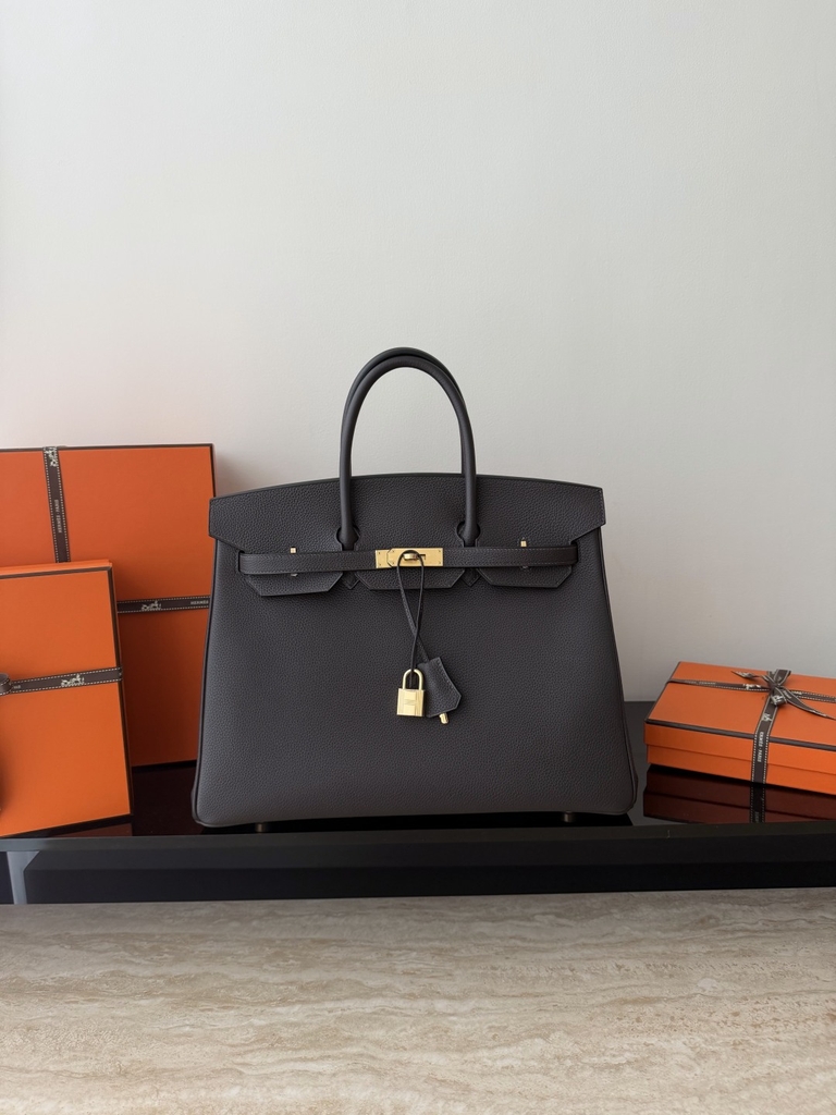 Birkin 35cm Togo Leather Handbag - CC46 Ebene Color with Gold Hardware