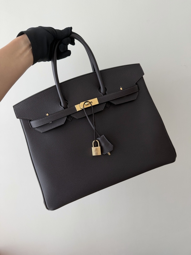 Birkin 35cm Togo Leather Handbag - CC46 Ebene Color with Gold Hardware