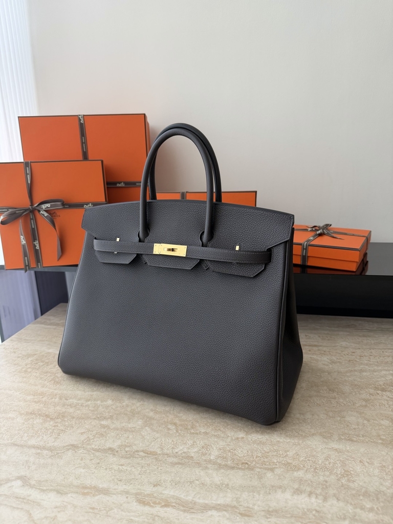 Birkin 35cm Togo Leather Handbag - CC46 Ebene Color with Gold Hardware