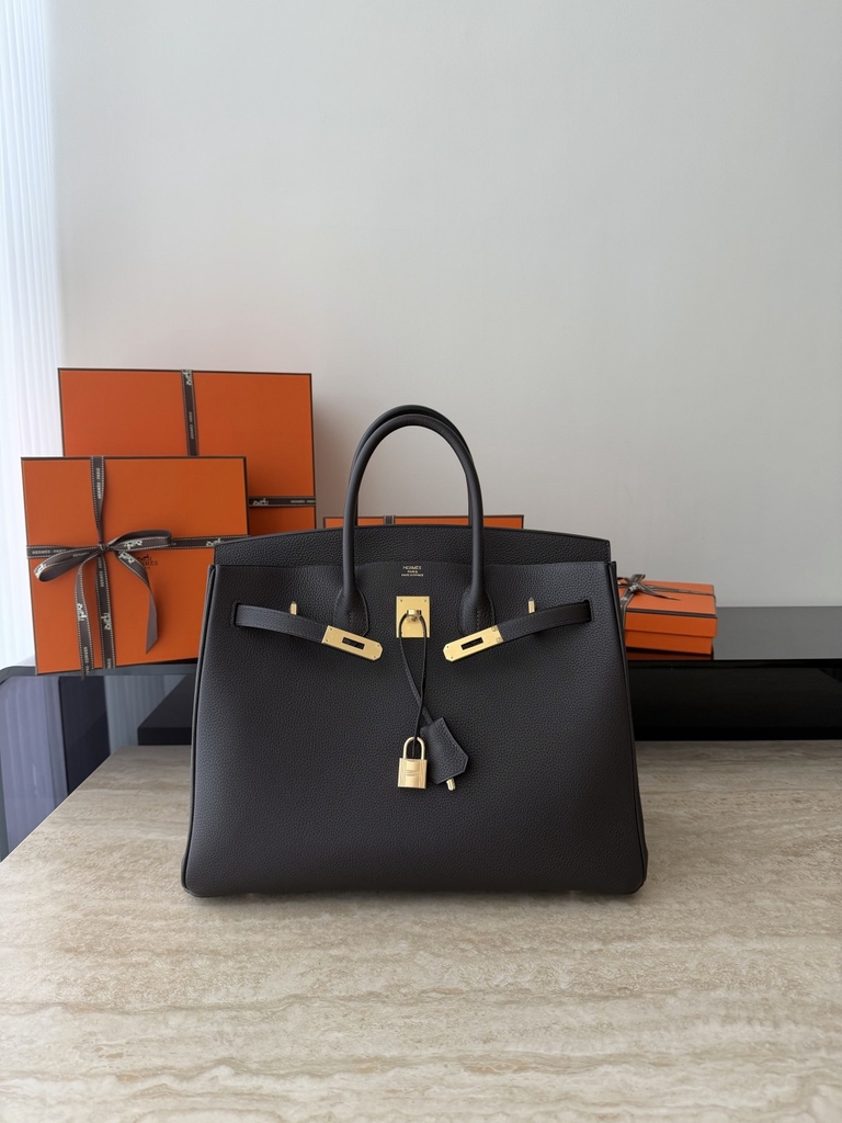 Birkin 35cm Togo Leather Handbag - CC46 Ebene Color with Gold Hardware