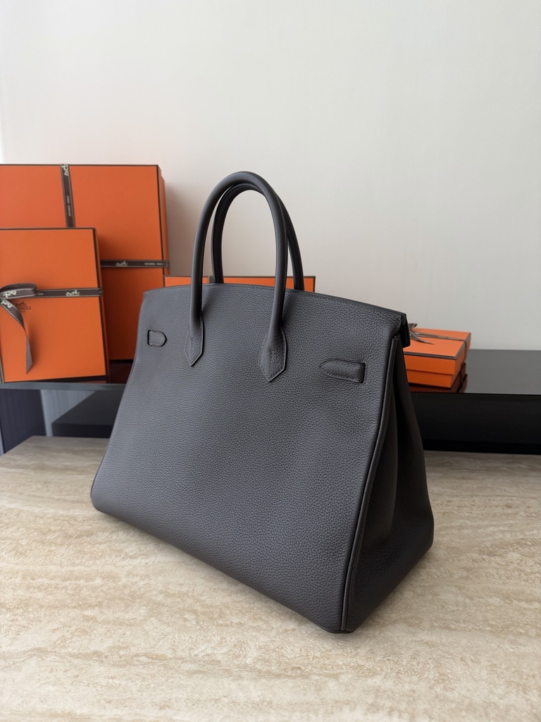 Birkin 35cm Togo Leather Handbag - CC46 Ebene Color with Gold Hardware