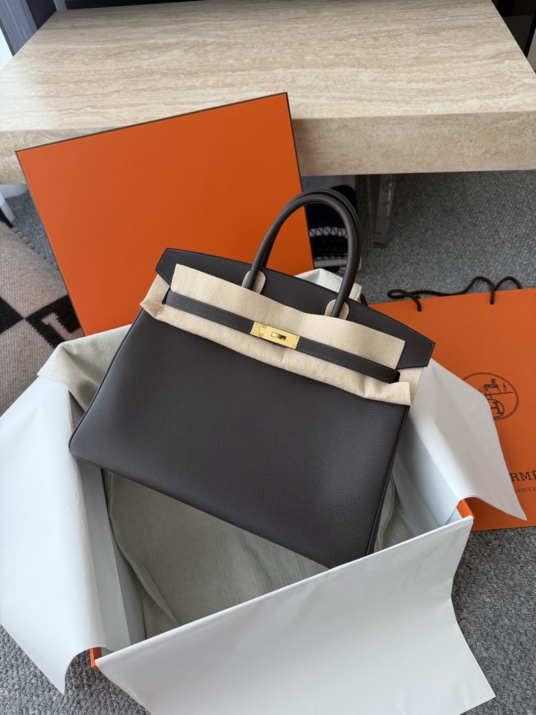 Birkin 35cm Togo Leather Handbag - CC46 Ebene Color with Gold Hardware