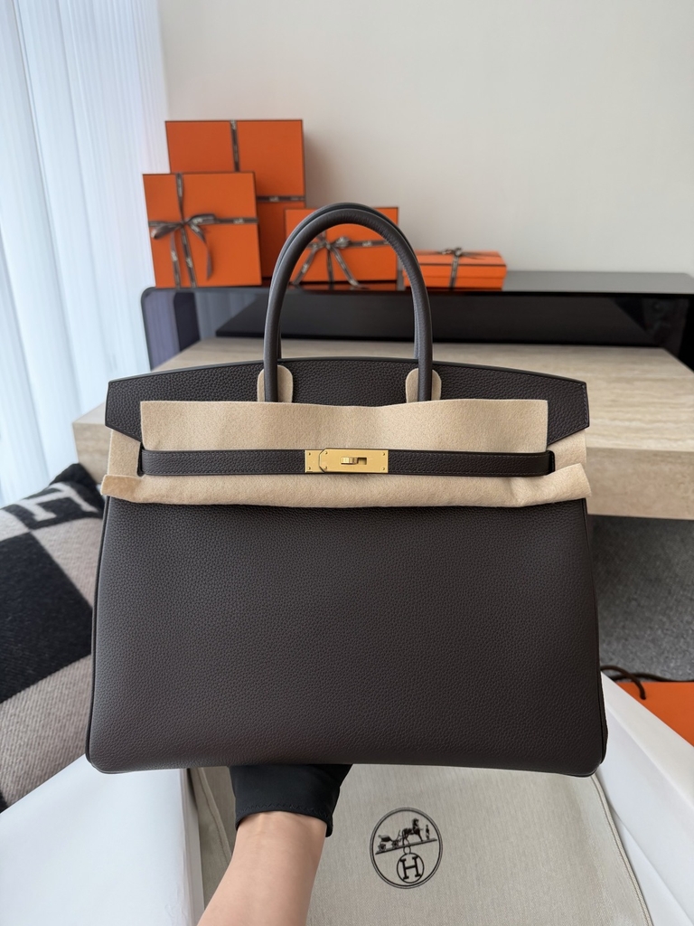 Birkin 35cm Togo Leather Handbag - CC46 Ebene Color with Gold Hardware