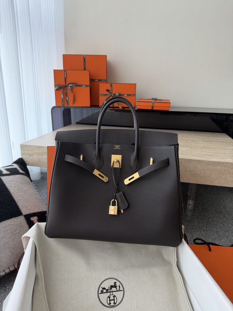 Birkin 35cm Togo Leather Handbag - CC46 Ebene Color with Gold Hardware