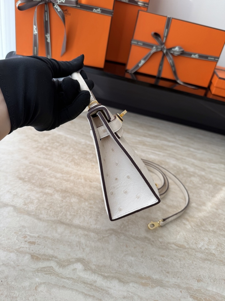 Mini Kelly II Ostrich Leather Bag - Nata Color with Gold Hardware