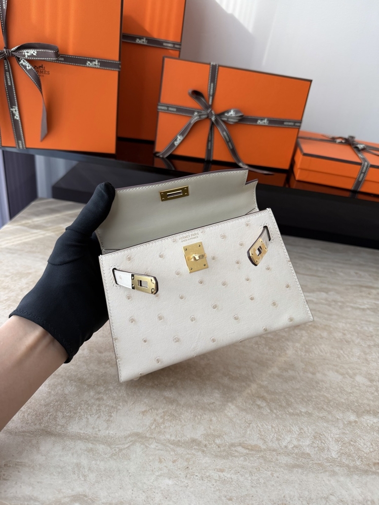 Mini Kelly II Ostrich Leather Bag - Nata Color with Gold Hardware