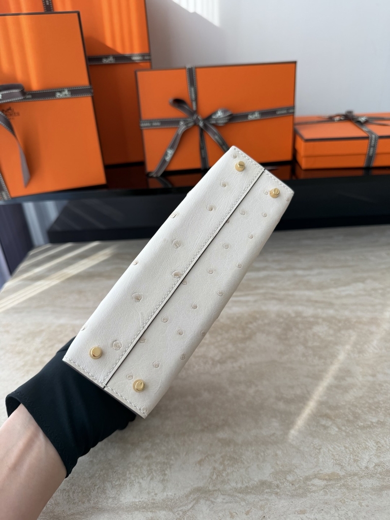 Mini Kelly II Ostrich Leather Bag - Nata Color with Gold Hardware