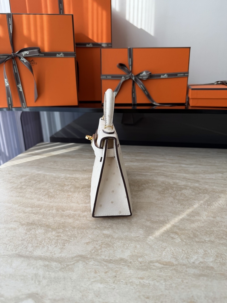 Mini Kelly II Ostrich Leather Bag - Nata Color with Gold Hardware