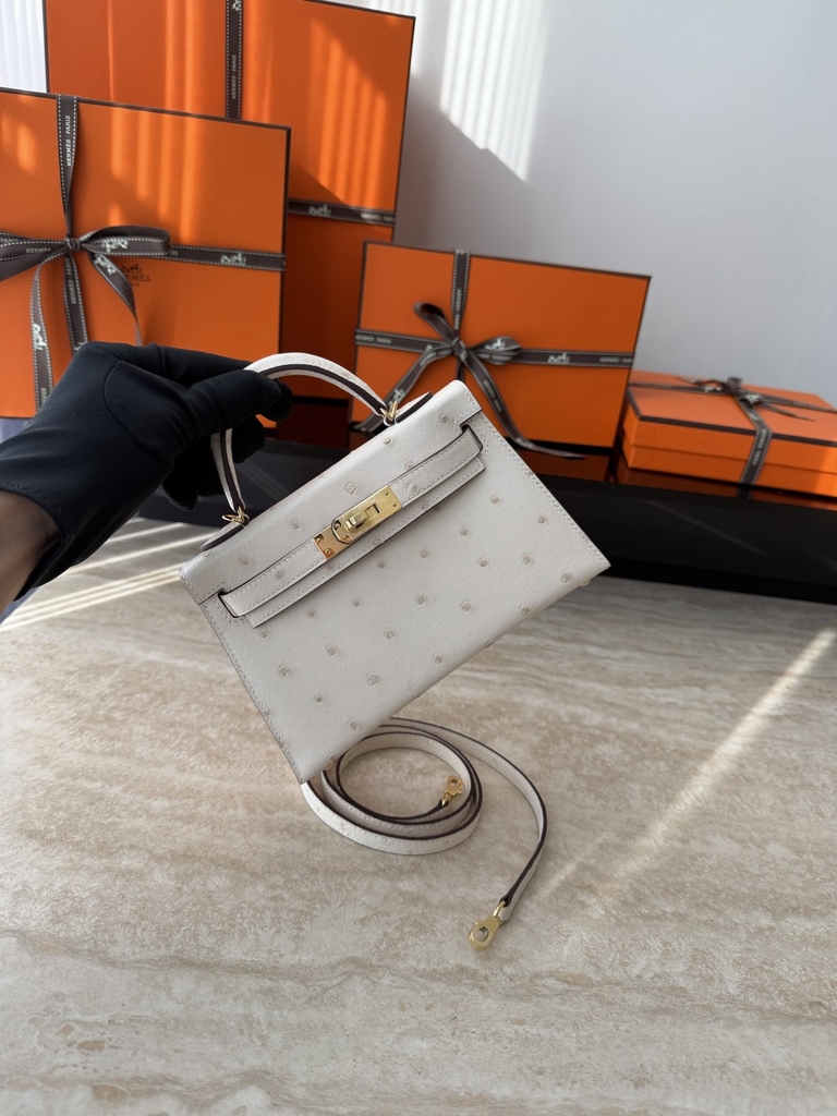 Mini Kelly II Ostrich Leather Bag - Nata Color with Gold Hardware
