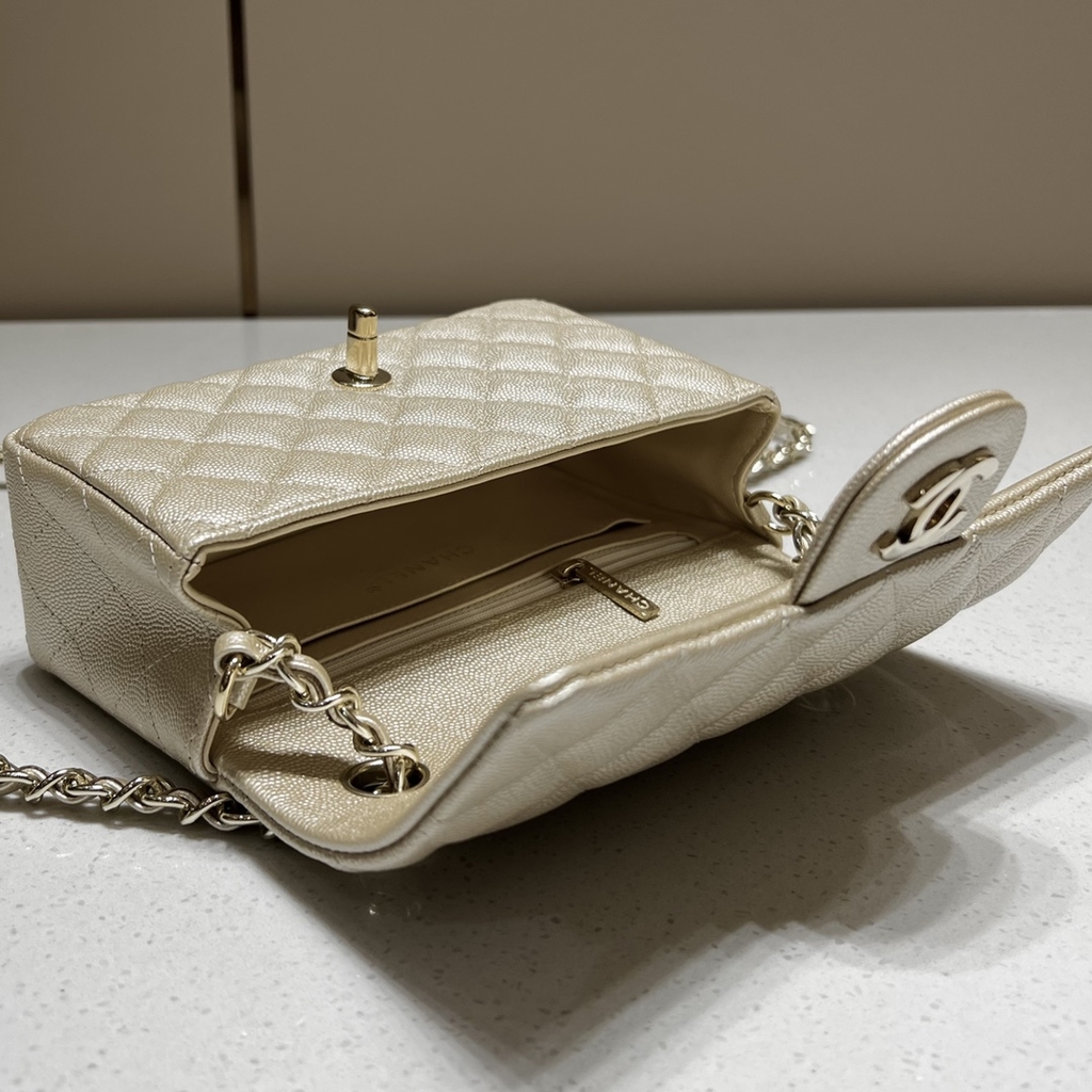 CF Mini 20cm Caviar Pattern Leather Bag - Champagne Gold