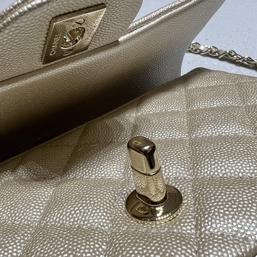 CF Mini 20cm Caviar Pattern Leather Bag - Champagne Gold