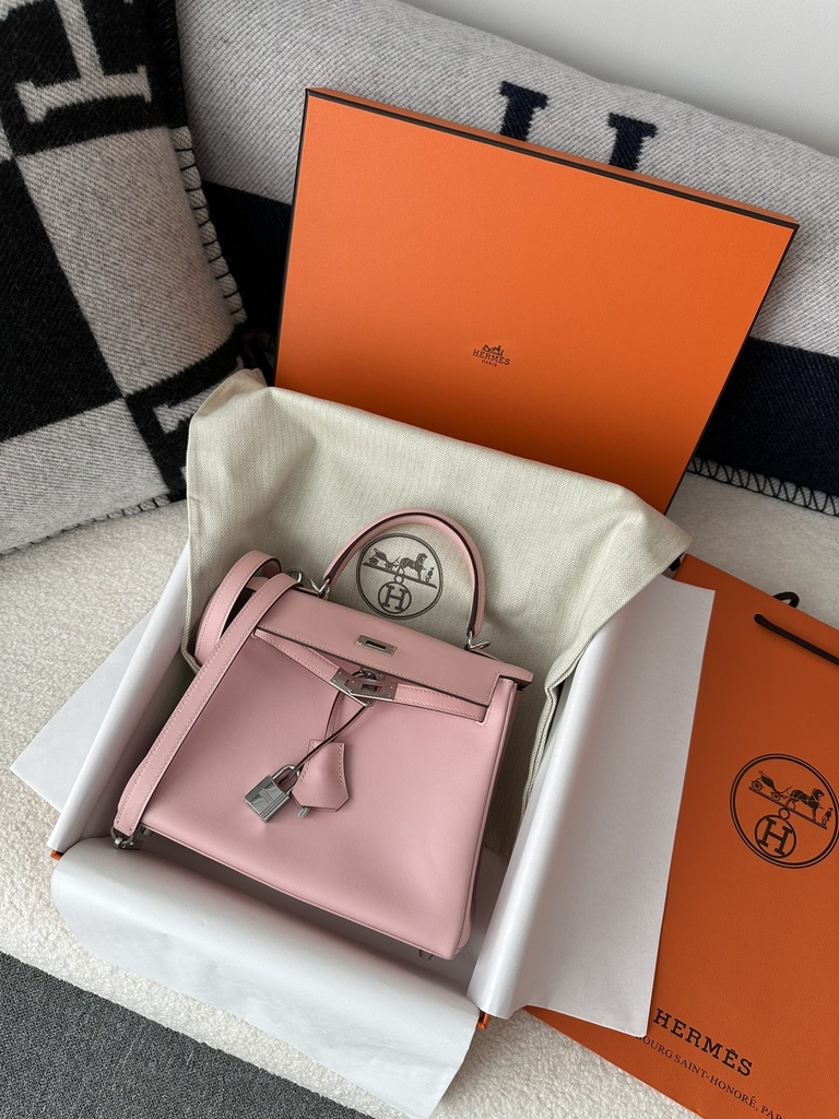 Kelly 25cm Swift Calfskin Leather 3Q Pink Sakura Pink Silver Hardware