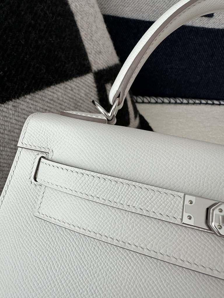 Kelly 25cm Epsom Textured Calfskin Leather M4 Gris Pale Milk Grey Silver Hardware