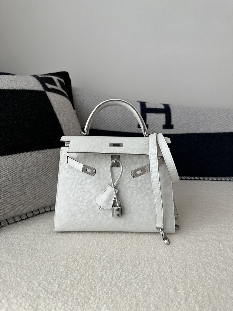 Kelly 25cm Epsom Textured Calfskin Leather M4 Gris Pale Milk Grey Silver Hardware