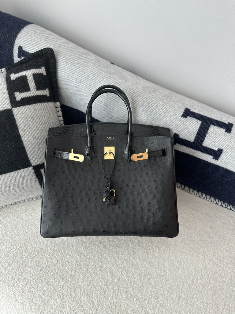 Birkin 35cm Touch Klein Karoo South African Ostrich Leather & Shiny Alligator Crocodile CC89 Noir Black Gold Hardware