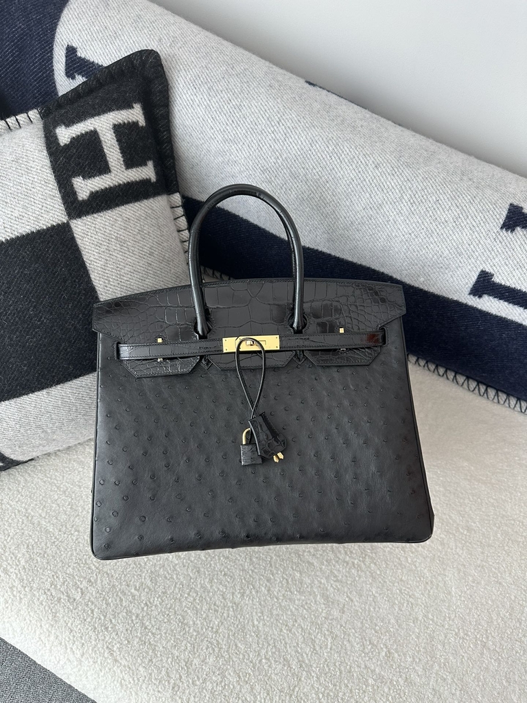 Birkin 35cm Touch Klein Karoo South African Ostrich Leather & Shiny Alligator Crocodile CC89 Noir Black Gold Hardware