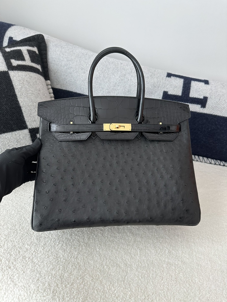 Birkin 35cm Touch Klein Karoo South African Ostrich Leather & Shiny Alligator Crocodile CC89 Noir Black Gold Hardware