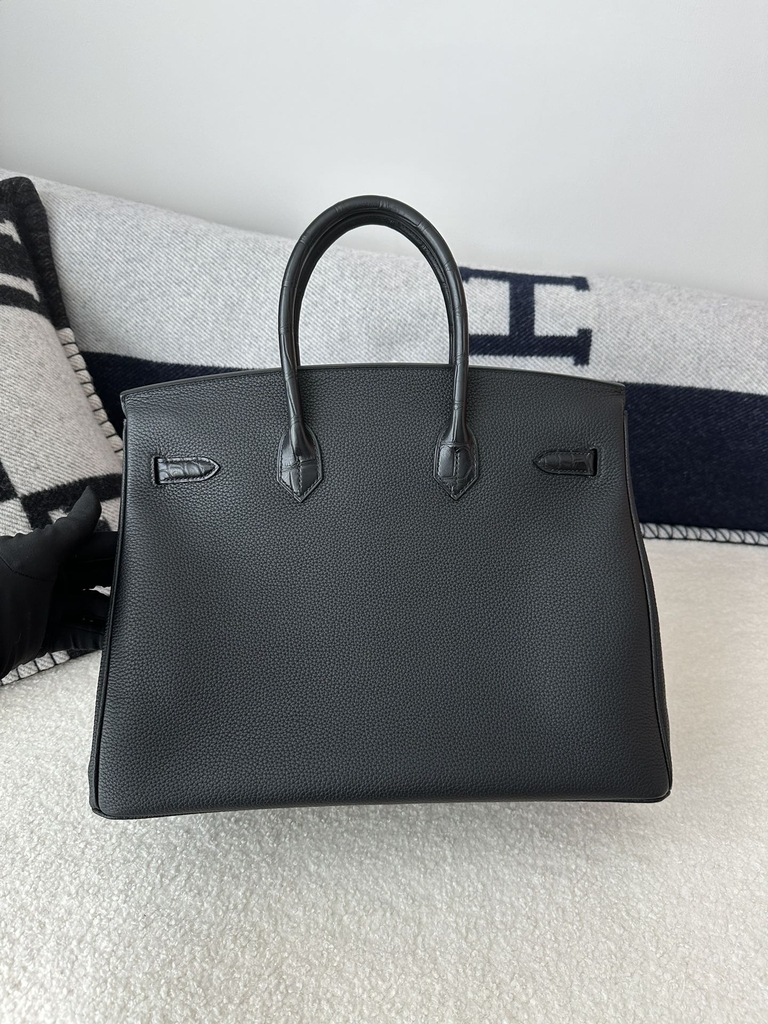 Birkin 35cm Touch Matte Alligator Crocodile & Togo Calfskin Leather CK89 Noir Black Silver Hardware